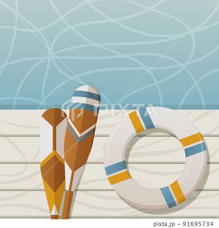 Oars on a wooden pontoon or pier and lifebuoy. Water square background. Vector illustration 91695734