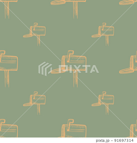 Mailbox engraved seamless pattern. Vintage letterbox in hand drawn style. Mailbox engraved seamless pattern. Vintage letterbox in hand drawn style. 91697314
