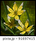 Vector stained glass window with small yellow tulip flowers. 91697415