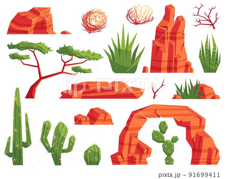 Cartoon sand desert elements. Western cactuses, tumbleweeds and aloe plants. Mountain rocks and stones for valley landscape vector set 91699411