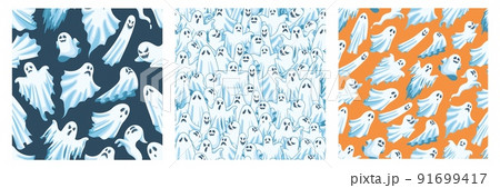 Cartoon ghost. Spooky Halloween spirit, poltergeist characters, angry and happy ghosts in white cloth vector illustration set Cartoon ghost. Spooky Halloween spirit, poltergeist characters, angry and happy ghosts in white cloth vector illustration set 91699417