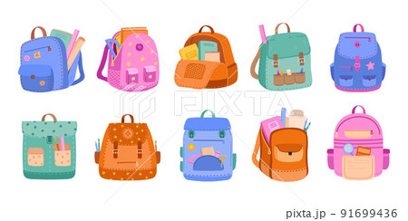 School backpacks. Kids schoolbags, childish bags with school supplies, books and stationery. Education accessories vector set School backpacks. Kids schoolbags, childish bags with school supplies, books and stationery. Education accessories vector set 91699436
