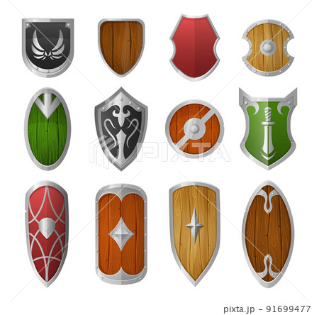 Cartoon shields. Wooden and metal armor, medieval military guard knight shield vector illustration set 91699477