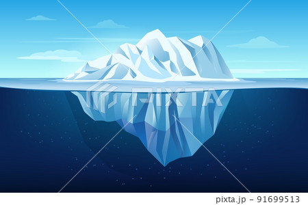 Cartoon iceberg. Growler floating In ocean, underwater part of the iceberg and tip. Giant ice ship vector background illustration Cartoon iceberg. Growler floating In ocean, underwater part of the iceberg and tip. Giant ice ship vector background illustration 91699513