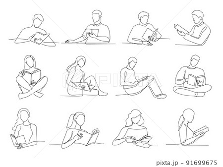 One line read books. Reading people, student with book engage in reading single continuous outline vector Illustration set 91699675