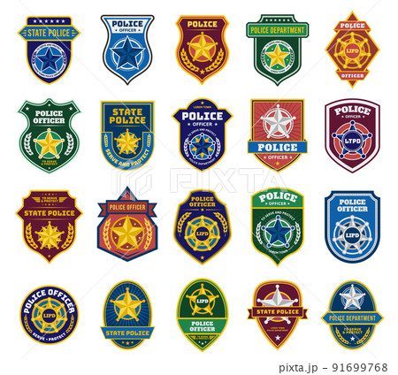 Police badges. Security officer and federal department signs, state policeman badge with star symbols vector set 91699768