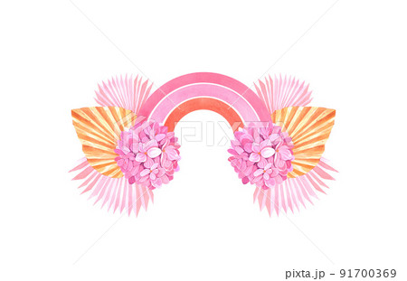 Handmade rainbow flowers and tropical palm boho leave with dry dried. Watercolor illustration on white background. Modern home hanging wall kids decor.Design for logo, baby textile, print, decor 91700369