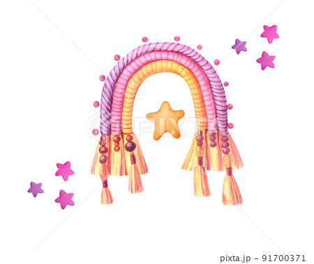 Handmade macrame rainbow cotton and stars wall decoration. Watercolor illustration on white background. Modern home hanging wall kids decor. Macrame braiding and cotton threads hobby. 91700371