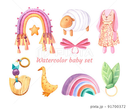 Watercolor set with wooden, macrame, rainbow pyramid, rabbit, bird, duck toy childrens. Design for logo, baby textile, print, nursery decor, children decoration, kids room, fabric or background Watercolor set with wooden, macrame, rainbow pyramid, rabbit, bird, duck toy childrens. Design for logo, baby textile, print, nursery decor, children decoration, kids room, fabric or background 91700372
