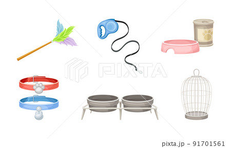 Pets supplies set. Leash, bowl, collar, birdcage and food, accessories for cats, dogs and birds care vector illustration 91701561