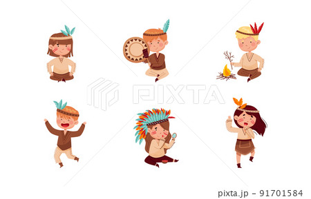 Adorable kids playing American Indians dressed native costumes and feathered headdresses set cartoon vector illustration 91701584