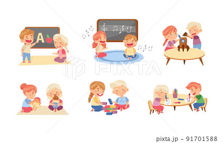 Cute little boys and girls playing and learning in kindergarten set. Preschool activities and early education for kids cartoon vector illustration 91701588