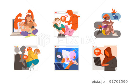 Cyber bullying in social networks. People suffering from violence, hatred and online abuse vector illustration 91701590