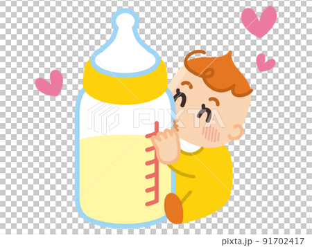 Baby hugging a big baby bottle Baby hugging a big baby bottle 91702417
