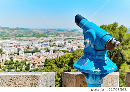 Blue telescope tower in the hilltop Xativa Castle. Spain 91703568