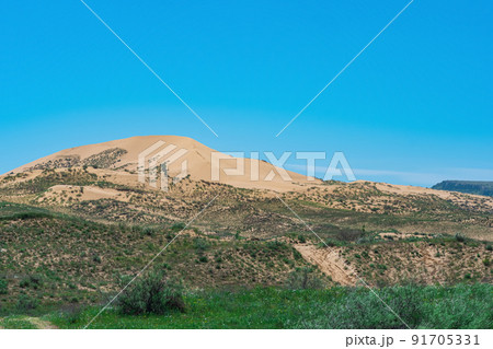 semi-arid landscape in the vicinity of the Sarykum sand dune 91705331