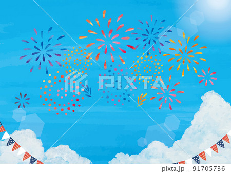 夏の空と花火水彩画 夏の空と花火水彩画 91705736