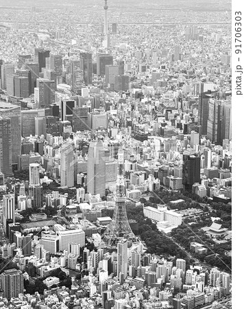 羽田着陸前の機内から見える東京タワー周辺のビル群 91706303