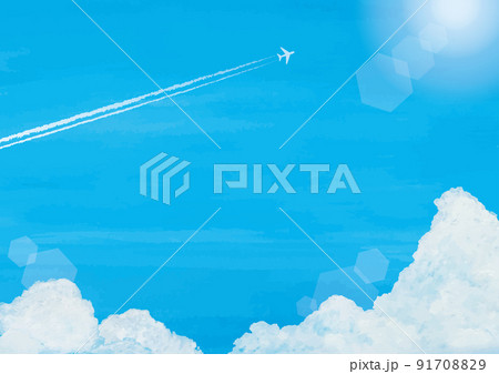 夏の空とヒコーキ雲水彩 91708829