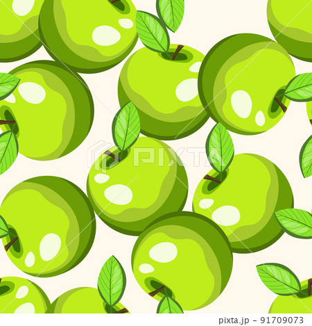 Seamless pattern with apple on color background. Natural delicious fresh ripe tasty fruit. Vector illustration for print, fabric, textile, banner, design. Stylized apples with leaves. Food concept 91709073