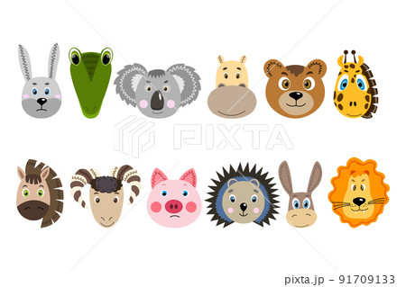 Set with colorful cute animal face. Hare, crocodile, koala, hippopotamus, bear, giraffe, horse, ram, pig, hedgehog, donkey, lion. Isolated objects. Cartoon flat illustration. Template icon, sticker. 91709133