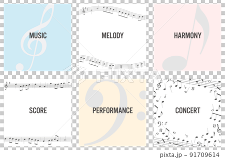 音符, 楽譜の音楽モチーフ 正方形フレームセット ベクターイラスト 91709614