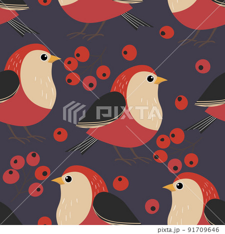 Seamless pattern with funny colorful birds, flowers, leaves and berries. Color flat vector illustration with little cartoon bird. Cute characters. Design for invitation, poster, card, textile, fabric Seamless pattern with funny colorful birds, flowers, leaves and berries. Color flat vector illustration with little cartoon bird. Cute characters. Design for invitation, poster, card, textile, fabric 91709646