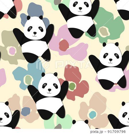 Seamless pattern with cute panda baby on color floral background. Funny asian animals. Card, postcards for kids. Flat vector illustration for fabric, textile, wallpaper, poster, gift wrapping paper 91709796