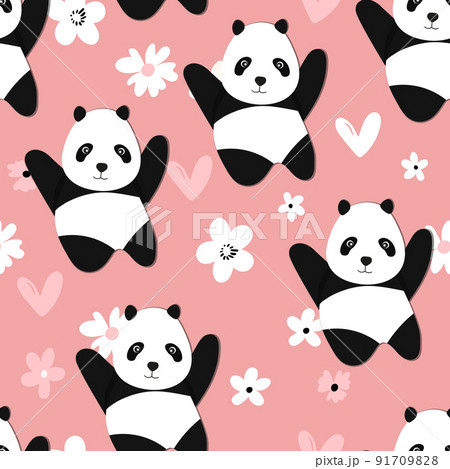 Seamless pattern with cute panda baby on color background. Funny asian animals. Card, postcards for kids. Flat vector illustration for fabric, textile, wallpaper, poster, gift wrapping paper Seamless pattern with cute panda baby on color background. Funny asian animals. Card, postcards for kids. Flat vector illustration for fabric, textile, wallpaper, poster, gift wrapping paper 91709828