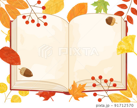 読書の秋をイメージした植物と本を組み合わせたイラスト 91712570