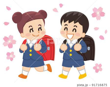 桜と小学生　ランドセル　入学　通学 91716875