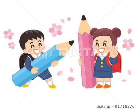 小学生と桜と鉛筆　ランドセル　入学　勉強 91716876