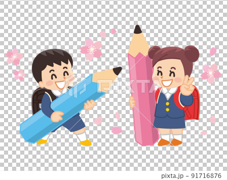 小学生と桜と鉛筆　ランドセル　入学　勉強 91716876