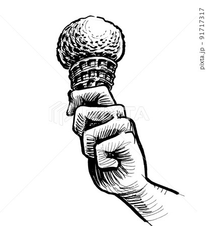 Hand with ice cream cone. Ink black and white drawing 91717317