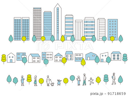 オフィスビル、住宅地、暮らす人々のオビイラスト 91718659