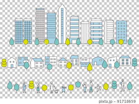 オフィスビル、住宅地、暮らす人々のオビイラスト 91718659