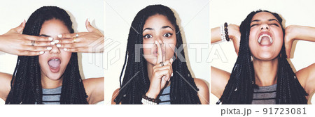 Let no evil enter. Composite image of an attractive young woman posing in the studio. 91723081