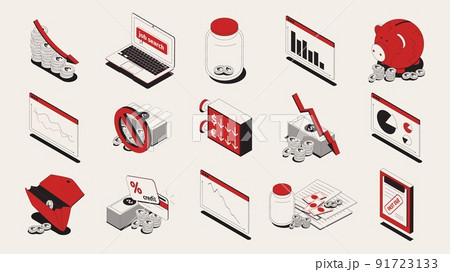 Economic crisis isometric icons set 91723133