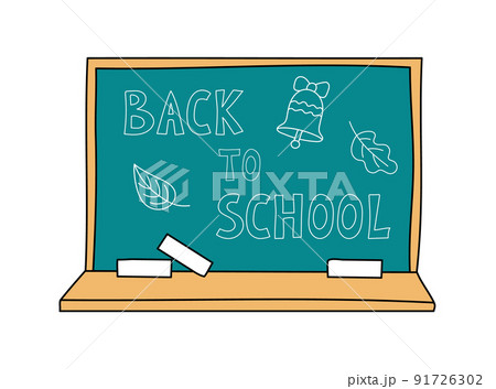 Back to School hand drawn words written on chalkboard. Cartoon class green board isolated. Design doodle elements. Vector illustration 91726302