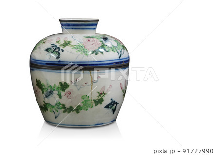 front view white and blue ceramic pot and lid on white background, object, food, copy space 91727990
