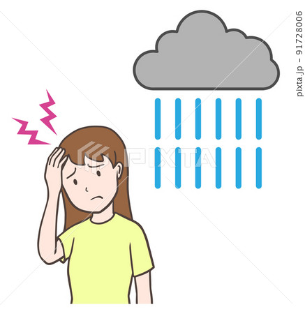 雨の日に頭痛になる女性、低気圧頭痛、天気痛 91728006