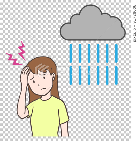 雨の日に頭痛になる女性、低気圧頭痛、天気痛 91728006