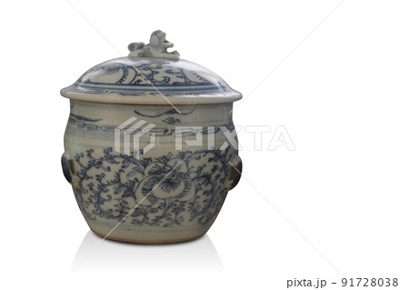 old and dirty white and blue ceramic pot and lid on white background, object, food, kitchen, copy space old and dirty white and blue ceramic pot and lid on white background, object, food, kitchen, copy space 91728038