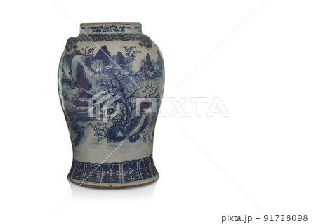 beautiful big blue and white ceramic vase on white background, object, decor, template, banner, vintage, copy space 91728098