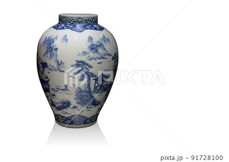 beautiful big white and blue ceramic pot on white background, container, object, old, keep, banner, template, copy space beautiful big white and blue ceramic pot on white background, container, object, old, keep, banner, template, copy space 91728100