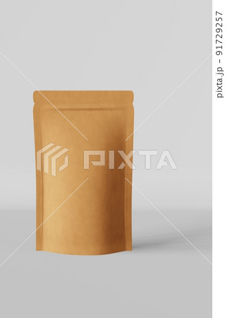 Paper pouch bag mockup white background isolated 3D render. Merchandise packaging design. Blank brown kraft pack coffee. 91729257