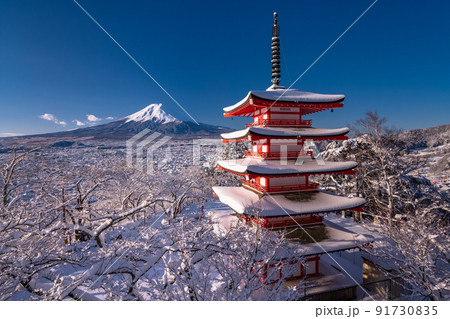 《山梨県》積雪の富士山と五重塔・冬の新倉山浅間公園 《山梨県》積雪の富士山と五重塔・冬の新倉山浅間公園 91730835