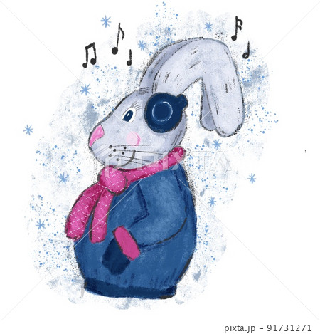 hand drawn illustration of rabbit hare bunny. Winter new year christmas cartoon of character listening to music tunes. Funny illustration for chinese new year 2023 cards invitations in blue pink. 91731271