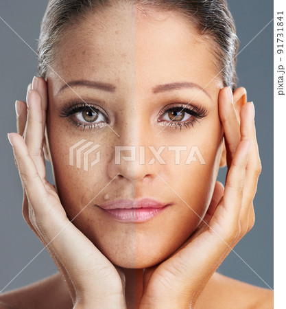 In the eternal pursuit of perfection. Composite shot of a woman with and without makeup. In the eternal pursuit of perfection. Composite shot of a woman with and without makeup. 91731841