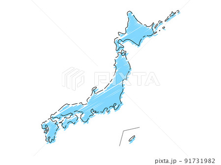 ラフな手描きの日本列島　黒主線　水色 91731982
